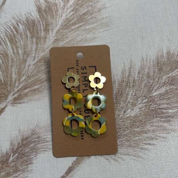 Retro Daisy Dangle Earrings - Yellow/Green Clay Marbled - Picture 2 of 4
